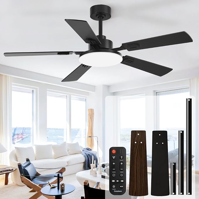 60 Inch Ceiling Fans with Lights and Remote, Bedroom Living Room Office Library Cafe Outdoor Industrial, 5CCT Dimmable, Dual Color 5 Blades, 6 Speed Reversible Quiet DC Motor, Black/Wood Grain