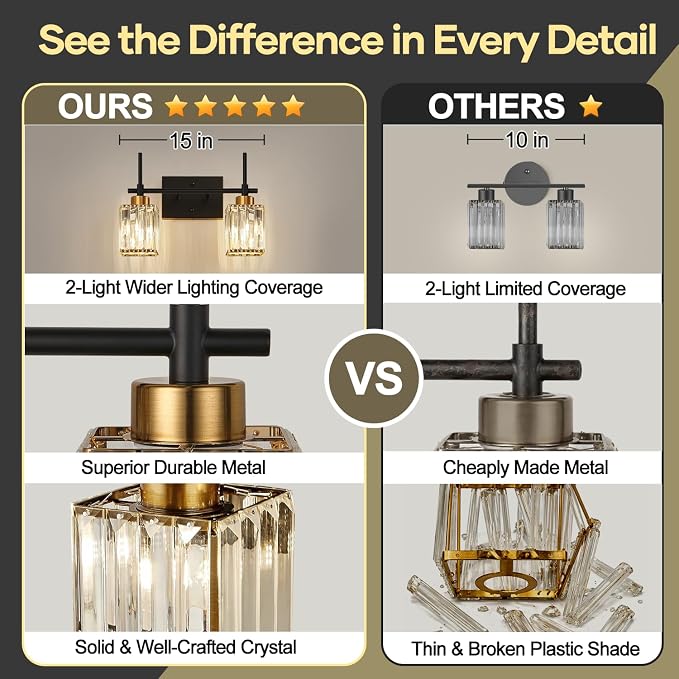 Torondo Modern Crystal Bathroom Vanity Light 2-Lights Gold Bathroom Light Fixtures Over Mirror Black and Gold Vanity Lighting Fixtures Gold Square Shade Brass Wall Sconce (Bulbs Not Include)