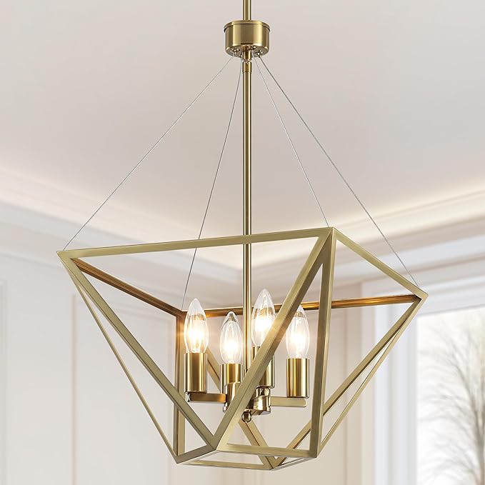 LASENCHOO 14.5" Brass Chandelier for Foyer Lighting Fixtures, 4 Lights Brushed Gold Modern Farmhouse Chandelier Lantern Geometric Pendant Light for Kitchen Island Entryway Dining Room Light Fixture