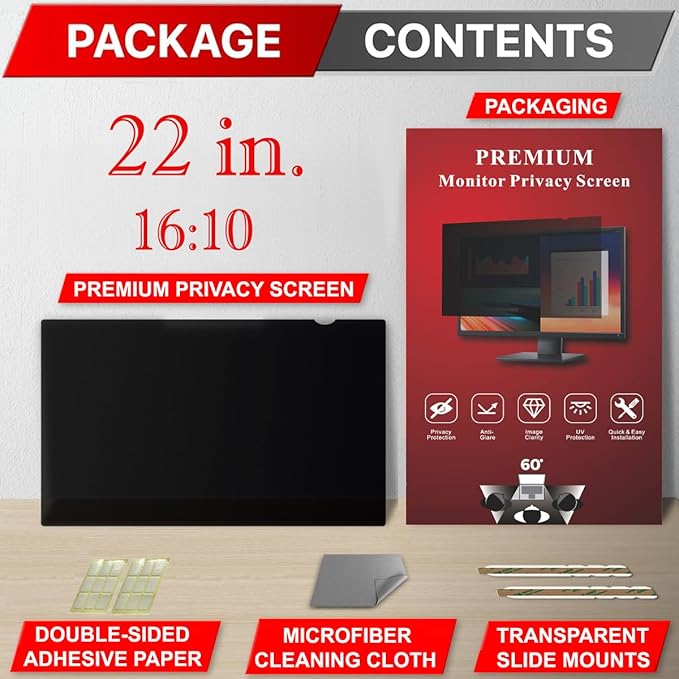22 Inch Privacy Screen Filter for Widescreen 16:10 Monitor | Privacy Shield | Anti-Glare | Anti-Blue light | Eye Protection | Computer Security Private Filter Protector