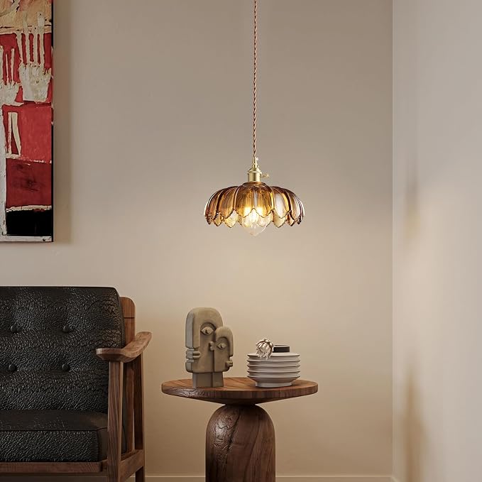 XZHGCEE Plug in Pendant Light: Amber Glass Hanging Lamp Plug in, 14.7ft Swag Lamp Cord with On/Off Switch for Kitchen Island/Dining Room/Bedroom/Living Room Hanging Light, No Bulb