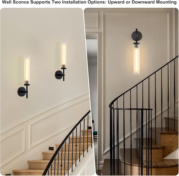 Modern Hardwired Frosted Glass Bathroom Black Wall Sconces 2PC, Handmade Knurled Wall Light Fixture,Vanity Light for Living Room,Hallway, Bedroom, 20" Indoor Wall Lamp, Bulb Included