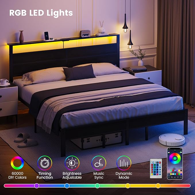 King Size Bed Frame with LED Lights and Charging Station | Black Metal Platform Bed with Wood Headboard, Sturdy Slats, No Box Spring Needed, Noise Free, Easy Assembly