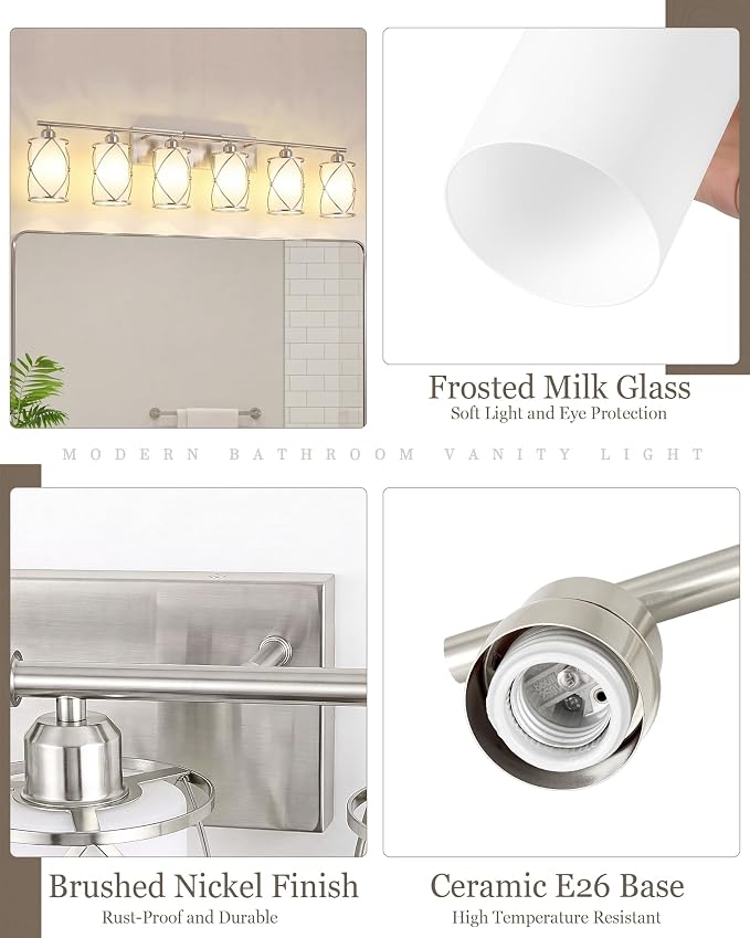 6-Light Brushed Nickel Bathroom Light Fixtures Over Mirror, 42" UL-Listed Modern Wall Sconce Lights with Milk White Frosted Glass and Metal Cage for Bath, Hardwire E26, CH9176BNW-6W