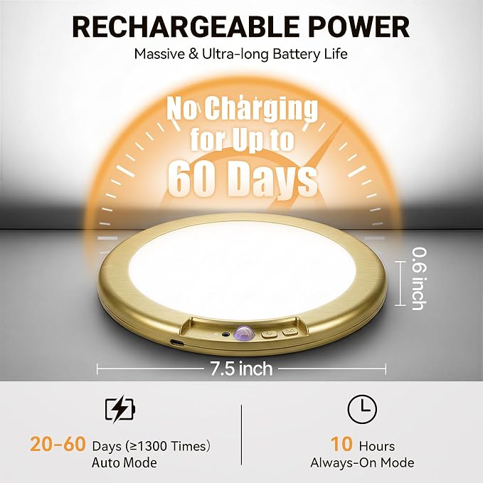 Gold Wireless Rechargeable Ceiling Light, Motion Sensor Night Light Indoor | 2 Packs Battery Operated Led Lights with Remote for Bedroom Hallway, Living Room, Bathroom, Home & Kitchen Decor Lighting
