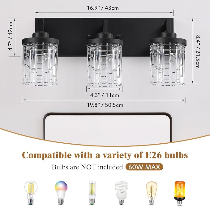 maesta Black Bathroom Light Fixture,3 Light Modern Vanity Light Over Mirror | Modern Vanity Light, Black Metal & Crystal Glass Fixture, Anti-Rust, Easy to Install for Bathroom Hallway Bedroom Entryway