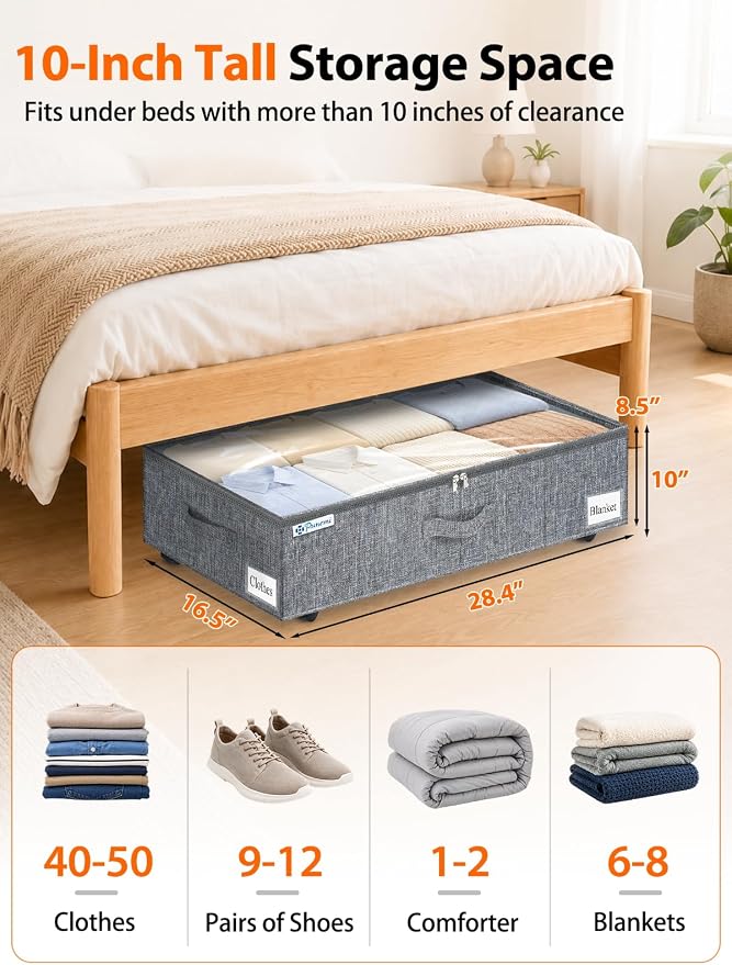 punemi 10 inch Tall Under Bed Storage Bins with Wheels, 2-Pack, Gray | Clear Lids, 5-Wheel Rolling Organizers for Clothes, Shoes and Blankets, Underbed, Closet & Dorm Organizataion