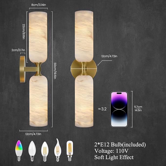 20in Alabaster Wall Sconce Antique Brass Sconces Wall Light, Imported Alabaster Modern Marble Bathroom Vanity Sconces, Gold Sconce Wall Decor, For Bedroom Living Room Staircases Hallway Foyer (1 Pcs)