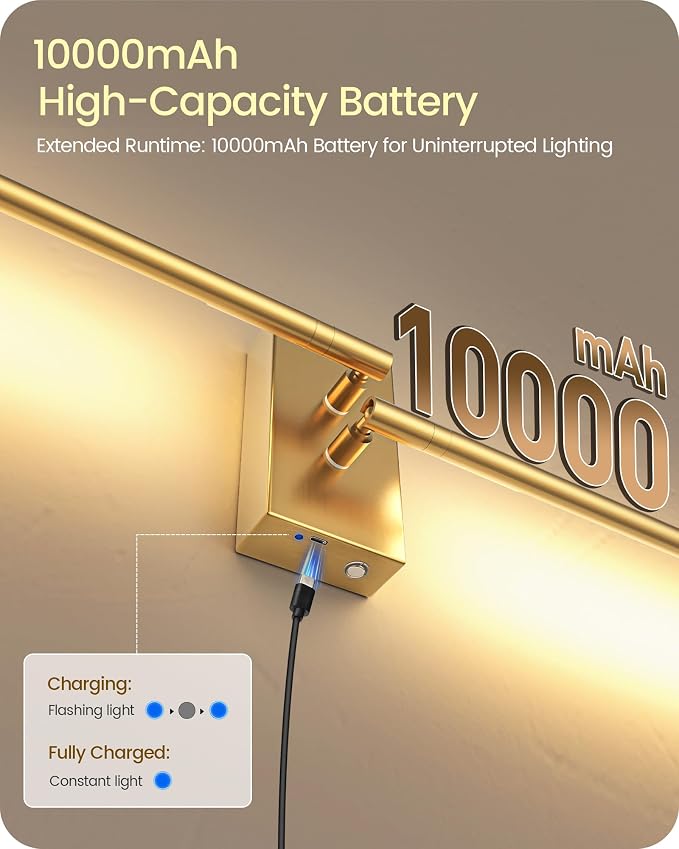 38.6" Wireless Battery Operated Wall Sconces Set of Two,Rechargeable Lamp with Remote, DIY Rotation, 10000mAh Battery, Touch Dimmable Lights for Living Room Hallway Bedroom, Gold D08YBP205