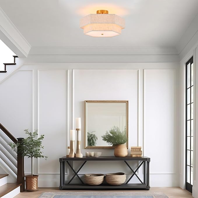 18" Large Gold Semi Flush Mount Ceiling Light, 3-Light Fixture | Beige Linen Double Hexagonal Shade, Modern Gold Finish For Bedroom, Dining, Living, Hallway, Entryway; Close-To-Ceiling, E26