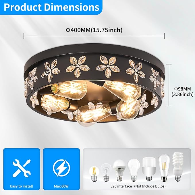 15.7 inch Black Flush Mount Ceiling Light Fixture | 5-Light, Industrial, Farmhouse, Bedroom, Living Room, Kitchen, Hallway, Foyer