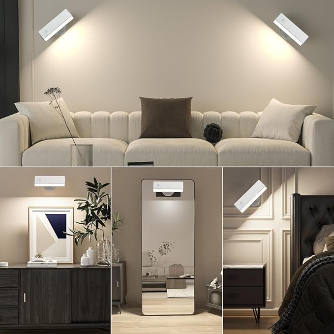 Honalia Rechargeable Wall Lights 2 Pack, Dimmable Wall Mounted Lamp with Magnetic 360 Rotation & Touch Control, Battery Operated Cordless Wall Sconce for Bedroom Bedside Reading