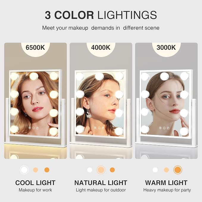 Makeup mirror with lights,Hollywood Vanity Mirror with 9 LED Bulbs，12" x 13.2" Plug in Makeup Mirror for Desk,Smart Touch Control 3Colors Dimmable, light up mirror for makeup,Bedroom,Tabletop,White