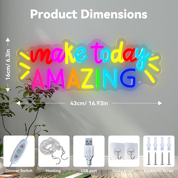 Make Today Amazing Neon Sign,Positive LED Neon Light for Wall Decor,Inspirational Letter LED Sign Multicolored Light Up Sign for Classroom Wedding Party Store Home Birthday Neon Decor