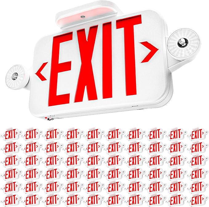 Sunco 60 Pack Red Exit Signs with LED Emergency Lights & Backup Battery | 120-277V Wall/Ceiling Mount, Two Adjustable LED Lights, Commercial Safety Lighting, 90 Minute Battery, 94V-0 Fire Resistant