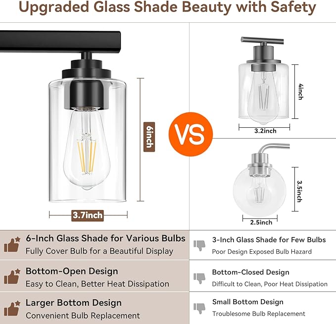 8-Light Bathroom Light Fixtures, 51" Modern Vanity Lights Over Mirror with Clear Glass Shades, Matte Black Light Fixture, Classic Wall Light Fixture for Mirror Living Room Cabinet Bedroom Porch