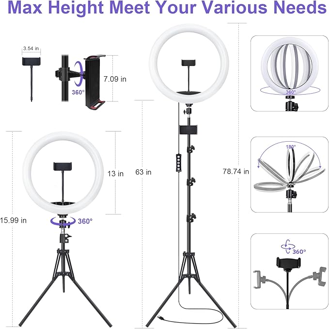 12" Selfie Ring Light with 75" Tripod Stand & 2 Phone Holder, LED Camera Ringlight with 48 RGB Colors Modes & Musical Rhythm Mode and 12 Brightness Dimmable for TikTok/Makeup/Photography/Vlog