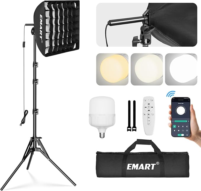 EMART Softbox Lighting Kit with Grid, 50W 16"x16" Soft Box for Photography | Pull Softbox, 3000K-6000K LED Bulb with Remote/APP Control, Photography Lighting for Video Recording,Streaming,Portrait 1Pack