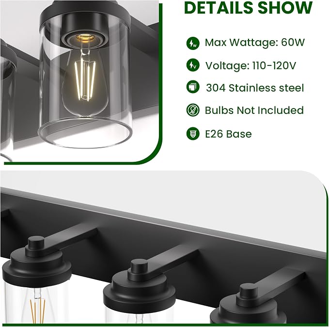 Bathroom Vanity Light Fixture, 4-Light Modern Black Vanity Light Fixtures with Clear Glass Shade, Matte Black Bathroom Light Fixtures Over Mirror, Rustic Restroom Lighting Fixtures