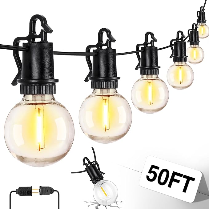 ZJOJO 50FT 26LED Outdoor String Lights, G40 Globe Outdoor Lights | 25 Shatterproof LED Bulbs 2700K,IP65 Waterproof Patio Light for Outside Backyard Cafe Camping Fence