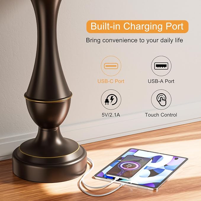 Touch Lamps for Nightstand, 3 Way Dimmable Lamps for Bedroom with USB C+A | Touch Control, USB C+A Charging Ports, Table Lamps for Living Room, Night Stands, Bedside, Bedroom, Bulb Included, Brown