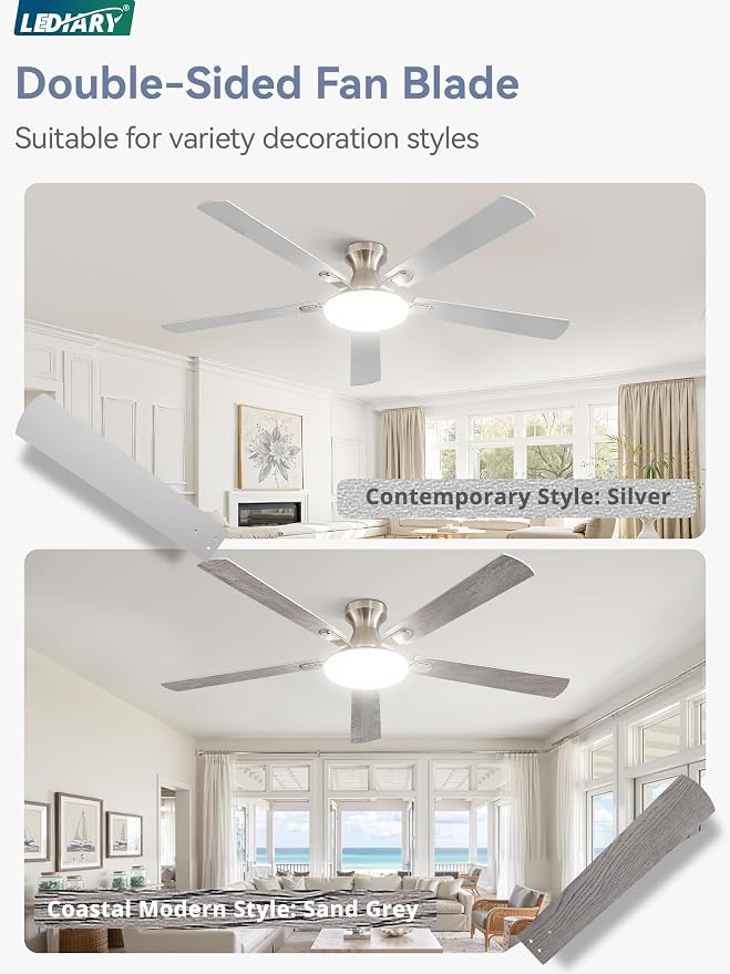 LEDIARY 60 Inch Flush Mount Ceiling Fans with Lights, Remote & APP Control | 3CCT,Stepless Dimmable,Memory Function,Timer,6-speed,Reversible Blade, Quiet DC Motor, Damp-Rated, Living Room, Covered Patio