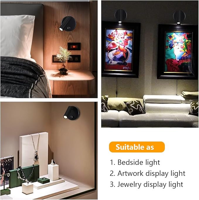 Surface Wall Mounted Reading Light Sconces Lamp Physical Knob Dimmer Switch LED 5W Warm White 3000K (Black Hardwire)