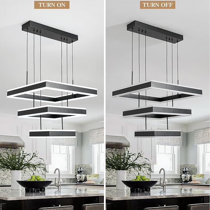 O'NEELDY LED Pendant Light Fixture, 20.47'' Modern Chandelier Square Rings Adjustable Height Black Pendant Lighting 3 Lights Kitchen Island Chandeliers for Dining Room, 6000K