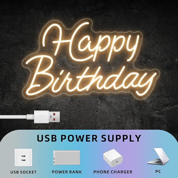 Happy Birthday Neon Sign for Wall Decor,Led Happy Birthday Neon Light Sign,USB Powered Dimmable Light Up Sign for Birthday Party Backdrop Decoration, Warm White, 16.5x9.8 inch