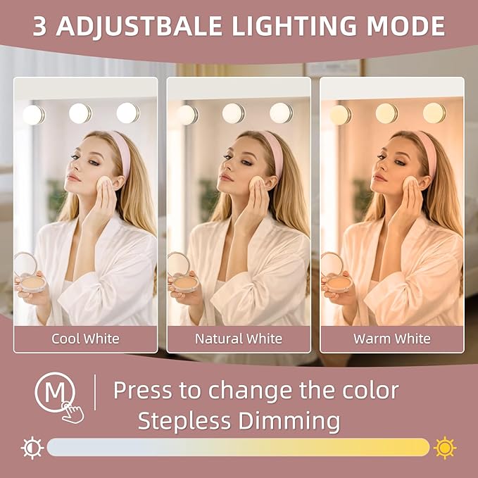 Hollywood Vanity Mirror with Lights, 22.1"x18.1" Hollywood Mirror with 10X Magnification, 15 Dimmable LED Bulbs & 3 Color Lighting Modes Desk Wall-Mounted Makeup Vanity Mirror