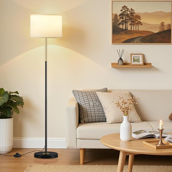 60'' Modern Floor Lamp with Shade, Tall Lamps for Living Room, Bedroom, Office, Dining Room, Gold & Black Lamp Pole(Without Bulb)