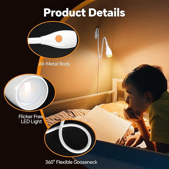 Wall/Headboard Mounted Reading Light with Lamp Head Switch | Minimalist Design, USB-C Powered, CRI 95+, 4000K + Amber Nightlight, 8–100% Dimmable,Metal Gooseneck,For Home Bedroom Bedside