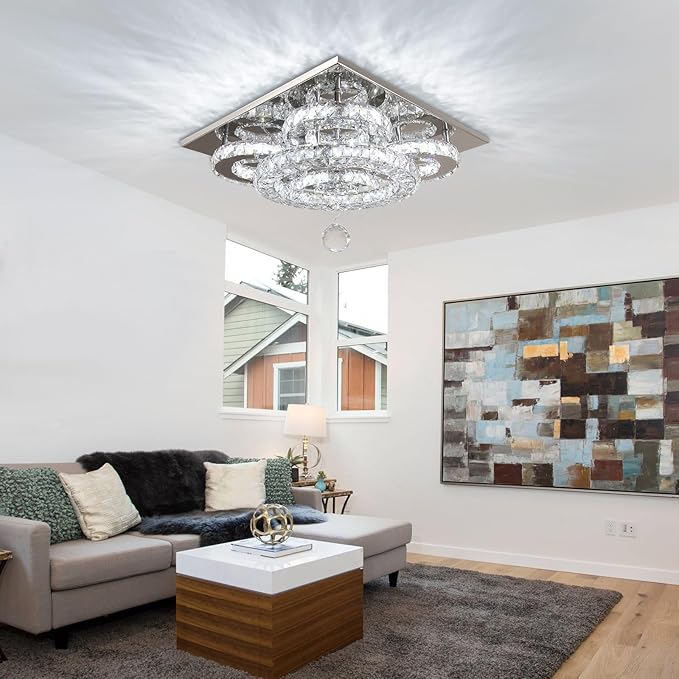 Modern Crystal Chandelier Five Rings LED Crystal Ceiling Light Flush Mount Stainless Steel Pendant Ceiling Lamp for Living Room Bedroom Restaurant Porch Dining Room (Dimmable)