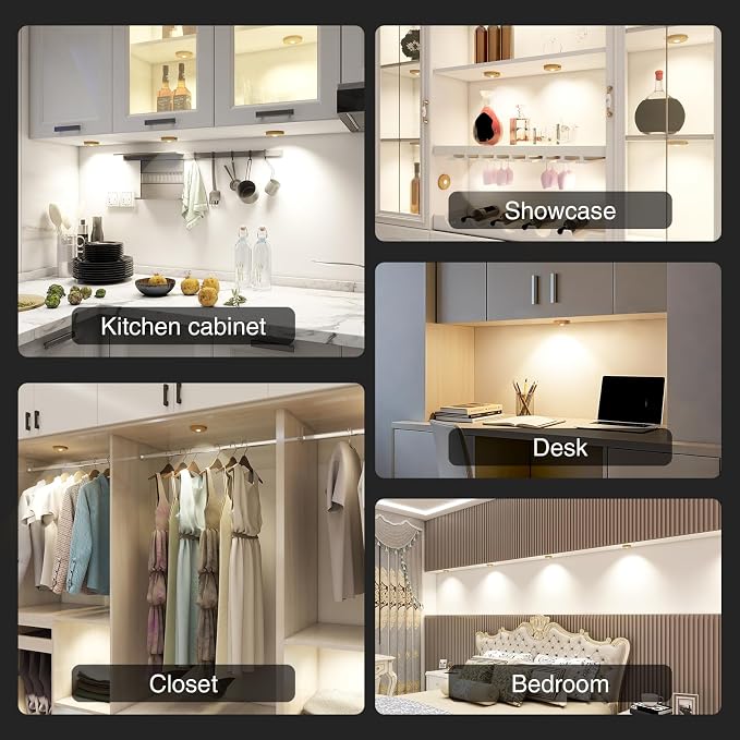 Puck Lights with Remote Control,Under Cabinet Lighting,Wood,5PCS | 2200mAh Rechargeable Push Light,3 Color Temperatures Dimmable Under Cabinet,Closet Light,Tap Light for Shelf,Bookcase