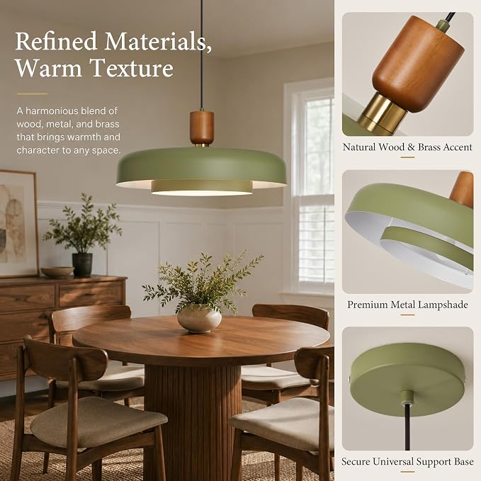 Mid Century Green Pendant Light: 20" 2-Tiered Lighting Over Kitchen Island | Wood Brushed Brass Hanging Ceiling Light, Modern Nordic Metal Pendant Light, For Dining Room Sink Bedroom Hallway Entryway