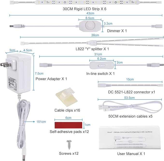 Under Cabinet LED Lighting Kit for Kitchen Cabinets Counter Shelf Bookcase Closet. 6 PCS 12 Inches LED Light Strip with Adapter Switch Dimmer Extension Cable. Plug in. Dimmable. Daylight White 5000K.