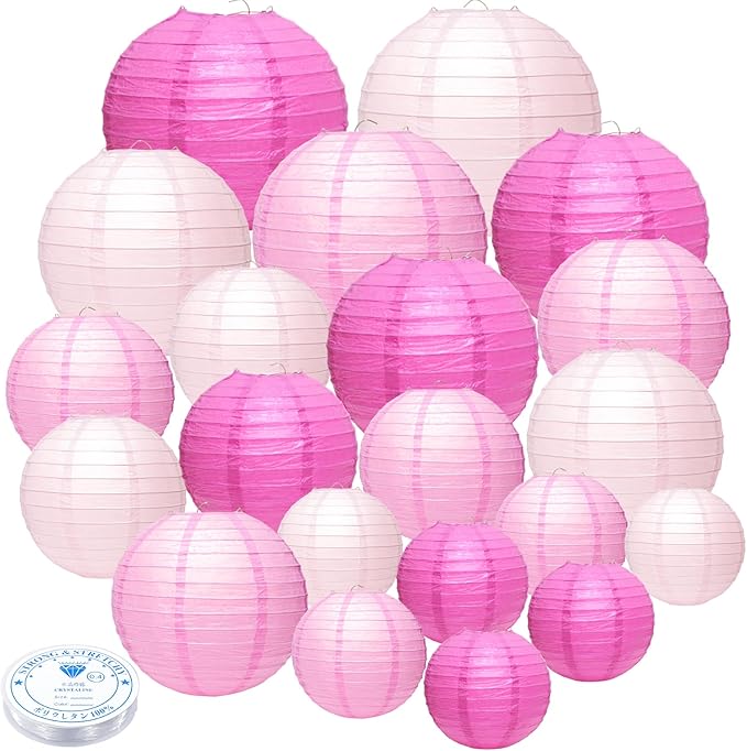 21 Pcs Pink Paper Lanterns Party Decorations, 4/6/8/10 Inch Round Chinese Hanging Paper Lanterns for Valentine's Day, Wedding, Birthday, Graduation, Classroom Ceiling Decorations Indoor Outdoor