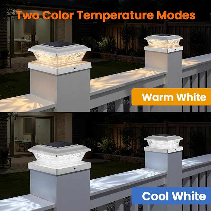4x4 3.5x3.5 Solar Post Cap Lights 6-Pack White | 2 Modes (Warm/Cool White), 16LEDs, for Wooden/Vinyl Posts, IP65 Waterproof, Outdoor, for Fence, Deck, Patio, Yard, Porch