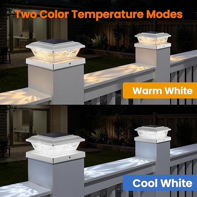 4x4 3.5x3.5 Solar Post Cap Lights 12-Pack White | 2 Modes (Warm/Cool White), 16LEDs, for Wooden/Vinyl Posts, IP65 Waterproof, Outdoor, for Fence, Deck, Patio, Yard, Porch