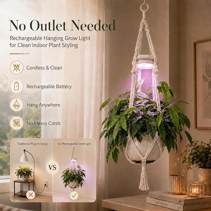 Hanging Rechargeable Plant Grow Lights for Indoor with Timer, Wireless Battery Powered Full Spectrum Pendant Growing Light with Macrame Plant Hanger, Wall/Ceiling Mounted Planta Luz for Home Decor