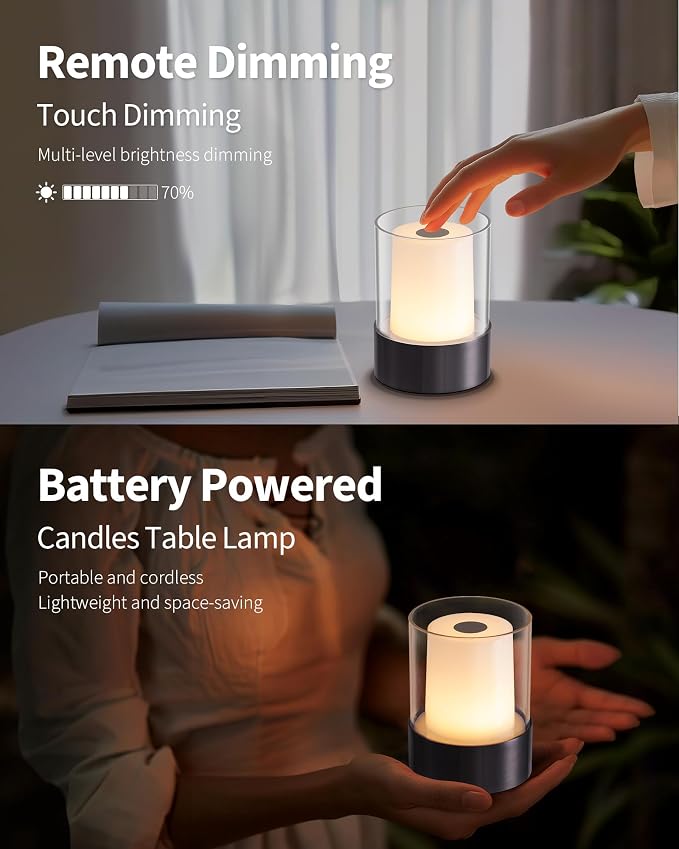 4" Black Cordless Table Lamp 2 Pack, Outdoor Rechargeable Lamp | LED, Battery Operated, Portable, Touch Night Light for Dining Room, Camping, Bar, Party, Bedside, Bedroom, Home Decor, Gift