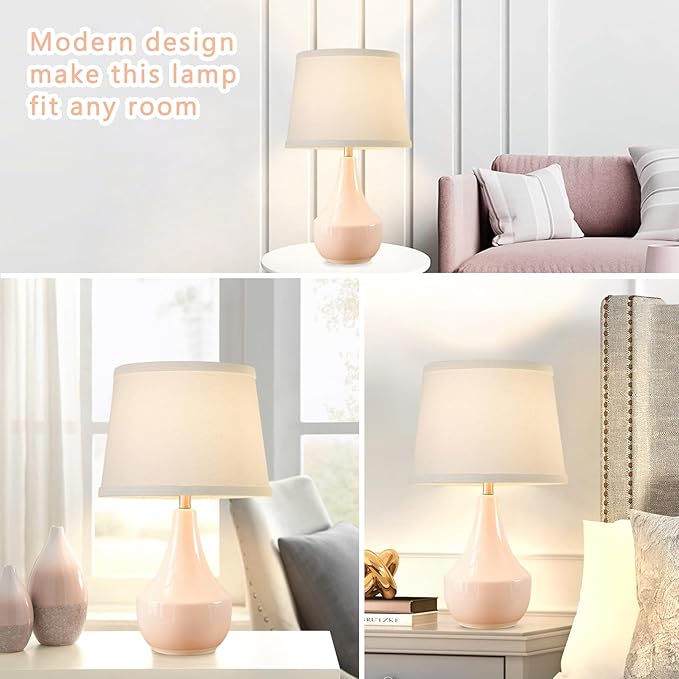 GyroVu 18" Table Lamp Set of 2, Ceramic Lamp Classic Beside Lamps Nightstand Lamp Modern Bedside Lamp for Living Room, Bedroom & Office Rocker Swtich Pink-LED Bulbs Included