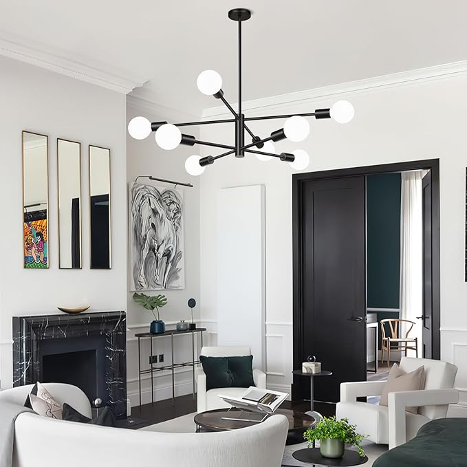 Sputnik Chandeliers Dining Room Light Fixture (8-Light, 30-Inch), Modern Black Chandelier, Height Adjustable Mid Century Modern Chandeliers for Dining Room Kitchen Island (Bulbs Not Included)