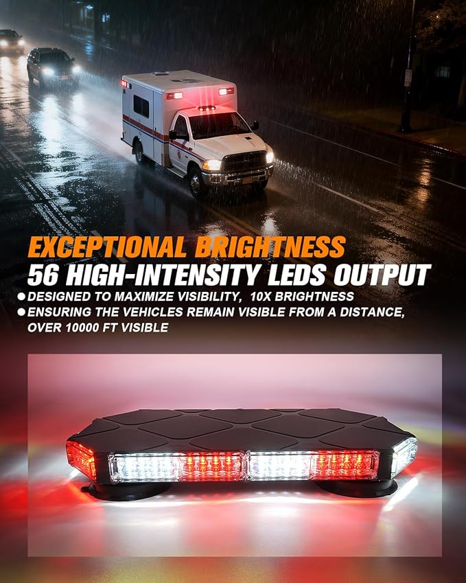 LUMENIX 56 LED Roof Top Strobe Beacon Lights Bar Rooftop Hazard Warning Emergency Safety Flashing Light for Ambulance Firefighter Vehicles Fire Trucks Cars - Red White