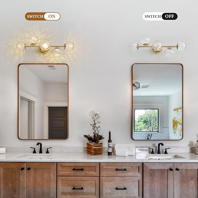 LED Brushed Gold Modern Hammered Glass Globe Bathroom Vanity Light | Hammered Glass Globes, Stunning Ripple Reflections, Mid Century Modern Design, Brushed Gold Finish, Integrated LED Source