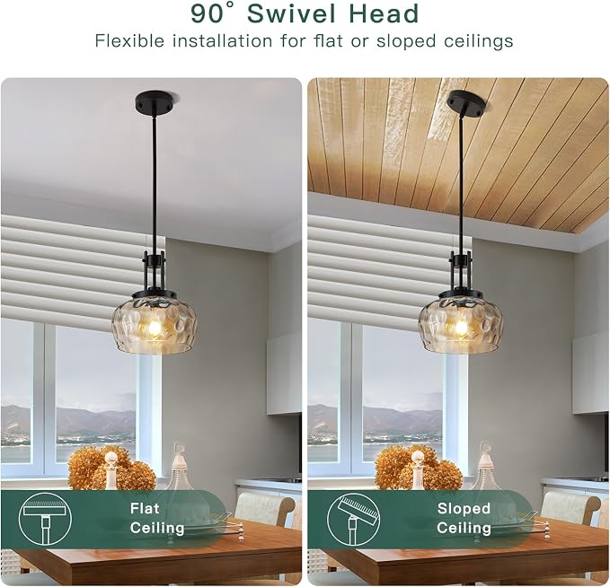 10 Inch Pendant Lights Kitchen Island, Black Pendant Light Fixtures with Hammered Glass Shade, Modern Farmhouse Island Hanging Light for Kitchen Dining Room Bedroom(Black)