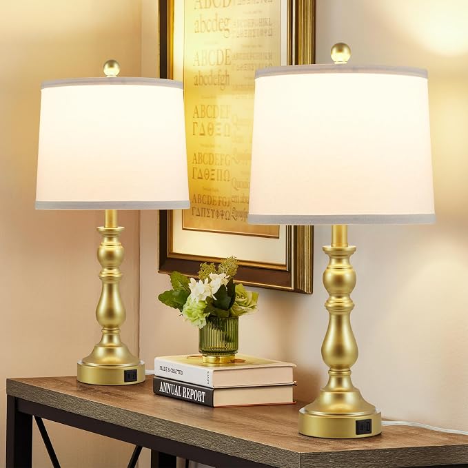 Farmhouse Side Table Lamps for Living Room Set of 2 with USB C+A Ports, Bedside Lamp for Bedroom, Dining Room Decor, Office, End Table, Knob Switch, 3 Color Temperatures, Bulb Included, Gold