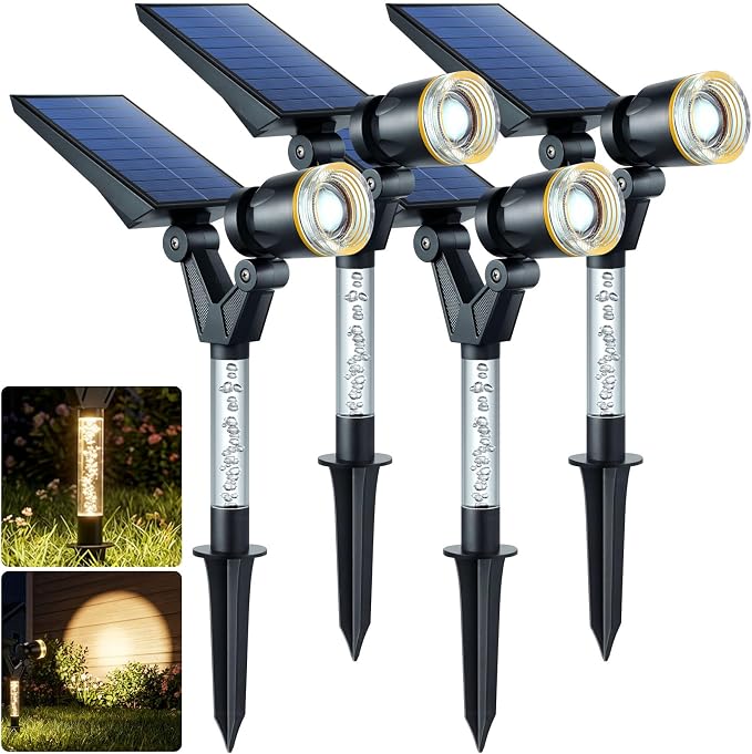 DenicMic Solar Spot Lights Outdoor Waterproof 3000K Lens LED Spotlights | Adjustable Angel Long Range Solar Lights Outdoor for Yard Garden Patio Wall Tree Landscape, Acrylic Lighted Pole, 4 Pack