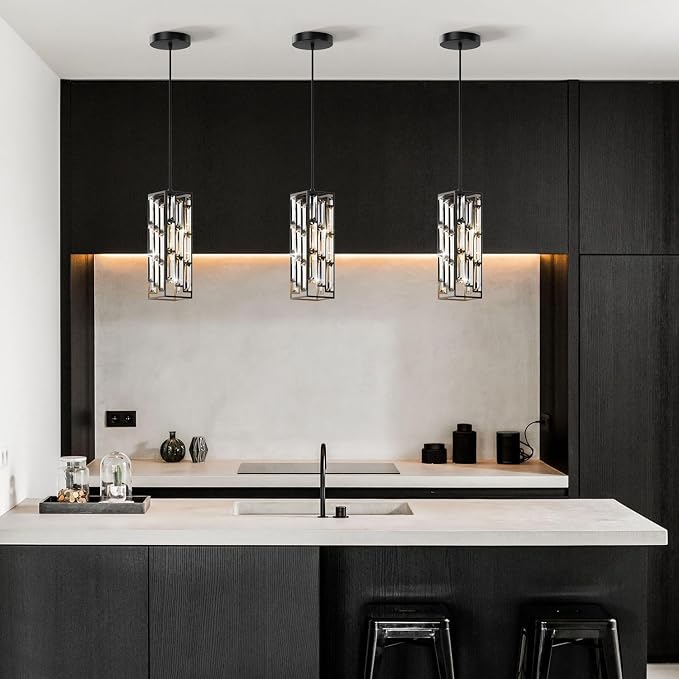 Modern 1-Light Crystal Pendant Light Kitchen Island, Black, 2-Pack | Mini Crystal Chandeliers, Height Adjustable Cord, Ceiling Hanging Lighting for Kitchen Island Dining Room Bedroom