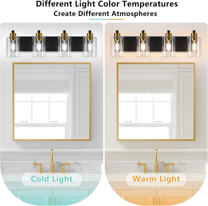 Dpyrrhic Bathroom Light Fixtures,Matte Black and Gold 4-Light Bathroom Lights with Clear Glass Shade,Modern Wall Sconces Over Mirror for Bathroom